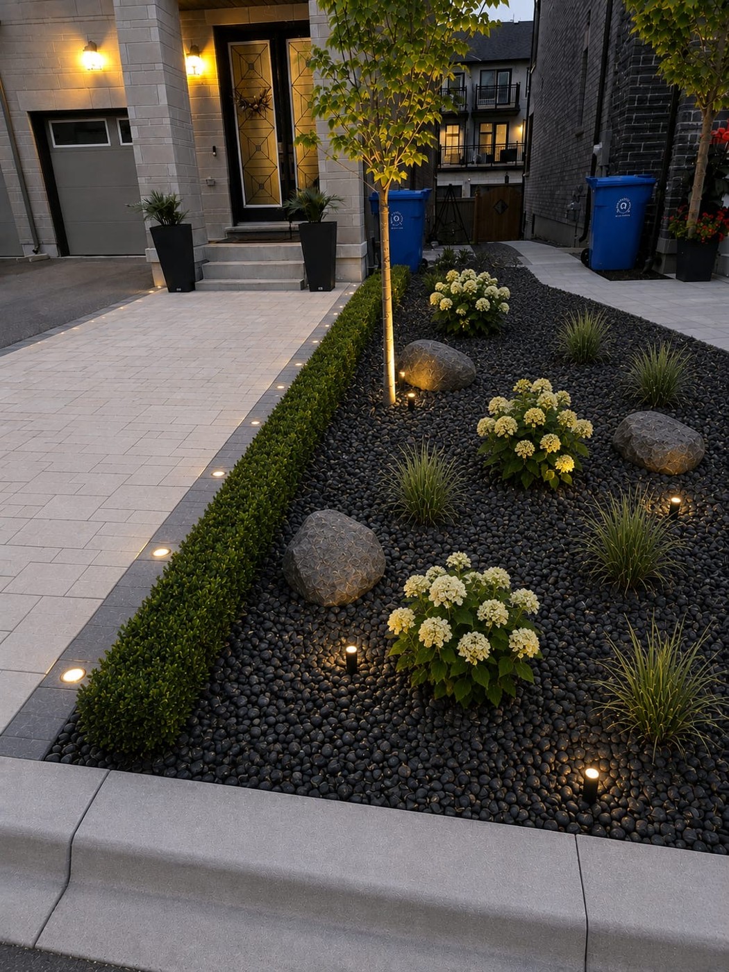 Light paving beside a rock garden with plants and accent lighting