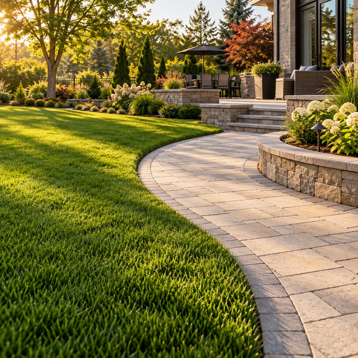Illustrative curved interlocking walkway beside a lawn and garden