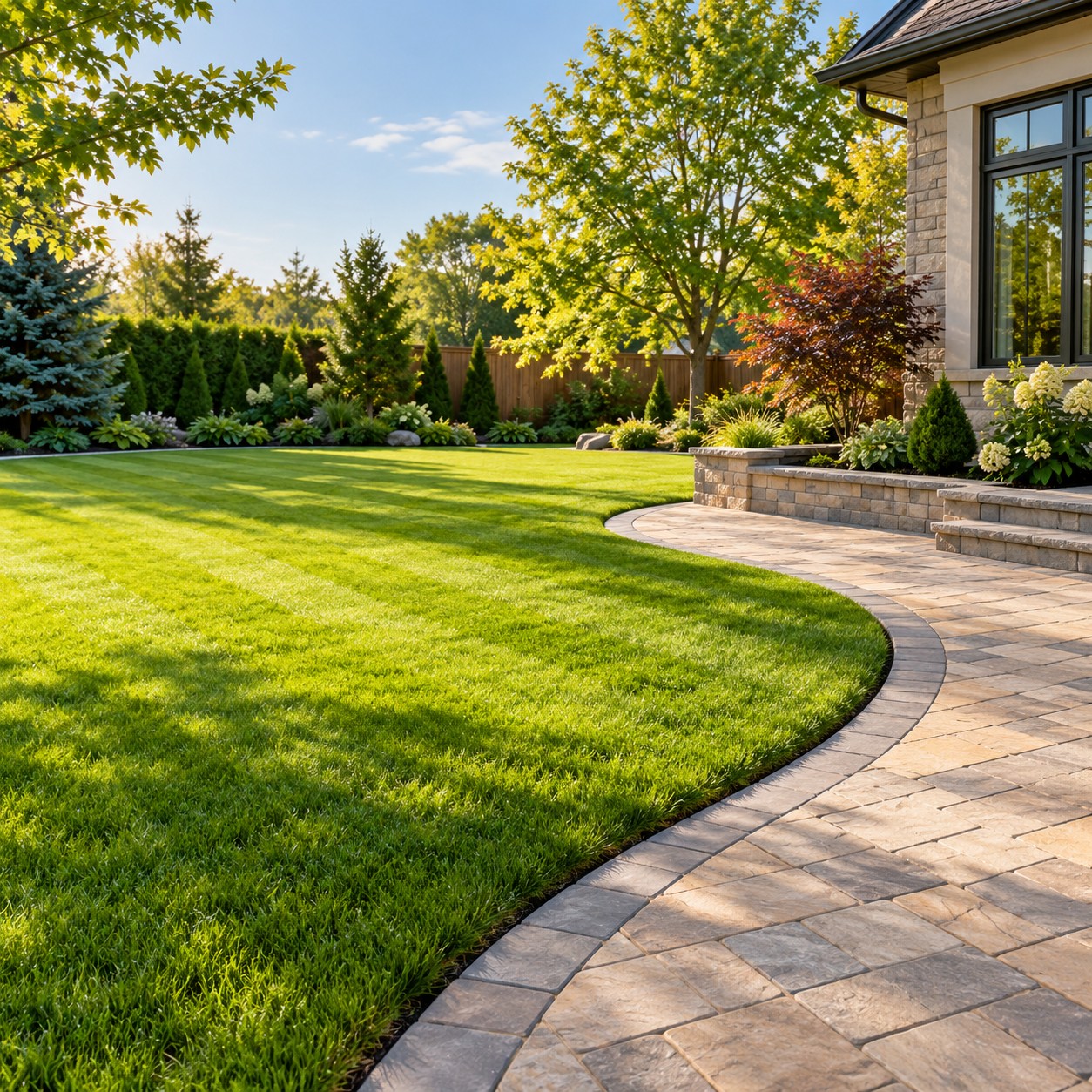 Illustrative freshly striped green lawn beside a stone patio