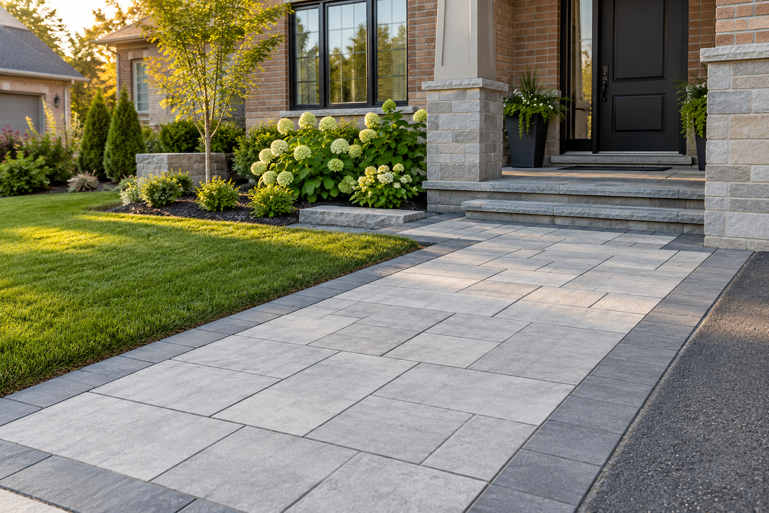 Photorealistic illustration of modern light grey interlocking paving with charcoal borders leading to a brick home entrance