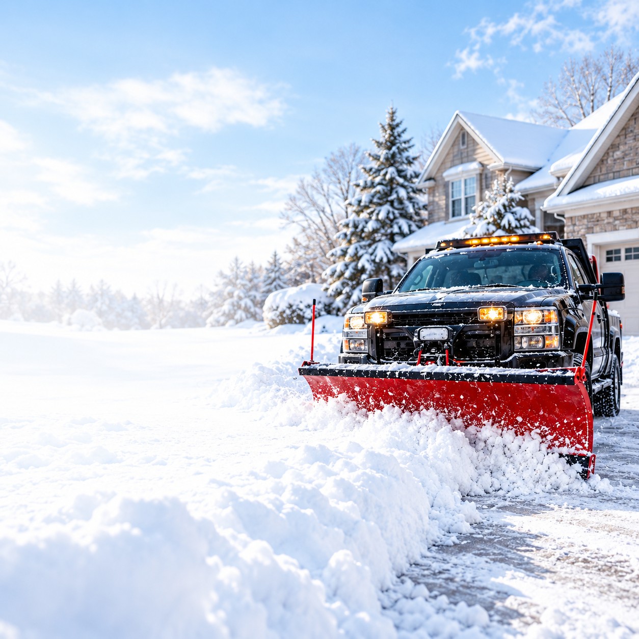 Illustrative snow plow clearing a residential driveway